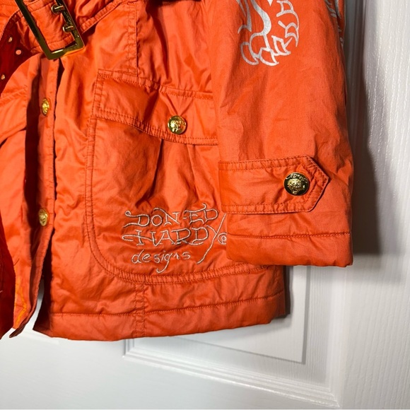 VTG Ed Hardy Trech Coats Embroidered Tiger Tattoo Y2K  Women Small Orange Gothic - Picture 3 of 14